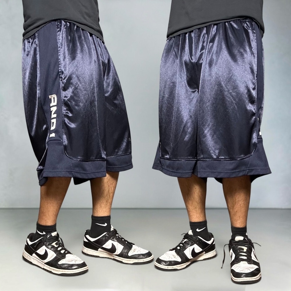 AND1 Basketball Shorts Navy Blue Shiny Satin Baggy Y2K Skater Size 2XL